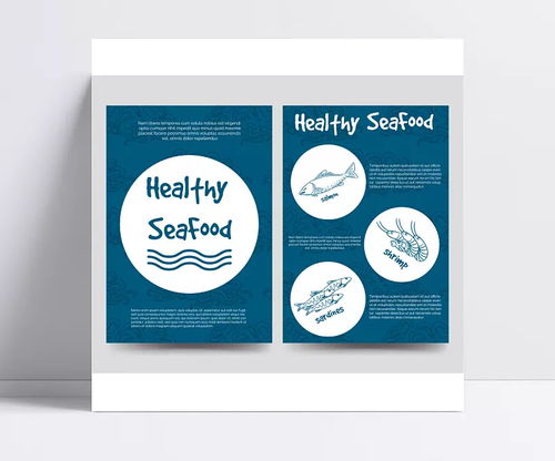 創意卡通海洋食品海報矢量素材 藍底,圓形,波浪,海鮮,魚類,蝦,手繪,矢量圖形,餐飲,美食,健康,廣告海報,矢量素材 難追難回菋
